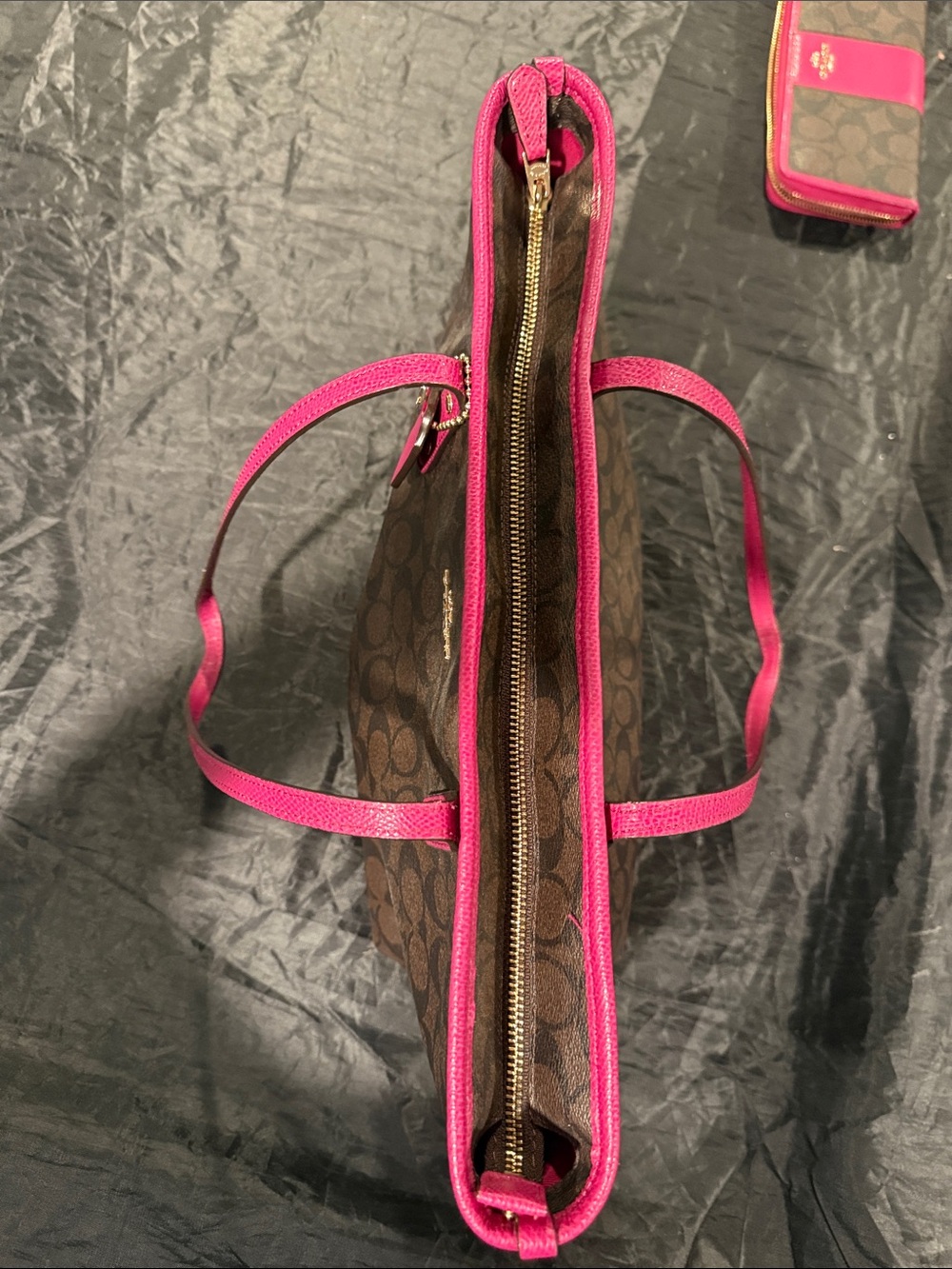 Coach Brown Signature Tote with Hot Pink Trim and Wallet - Picture 5 of 8